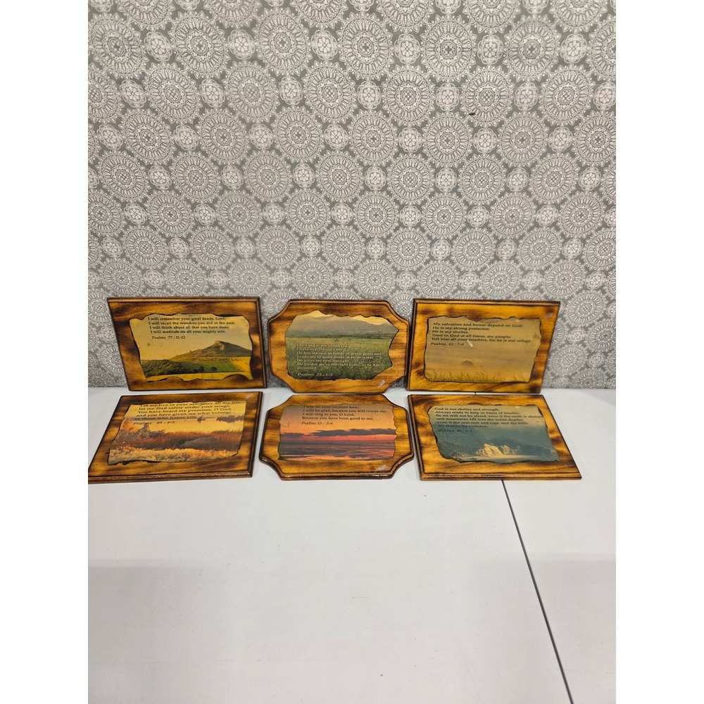 Set of 6 Wooden Wall Art Plaques Religious Bible Verse Landscape‎ Decor